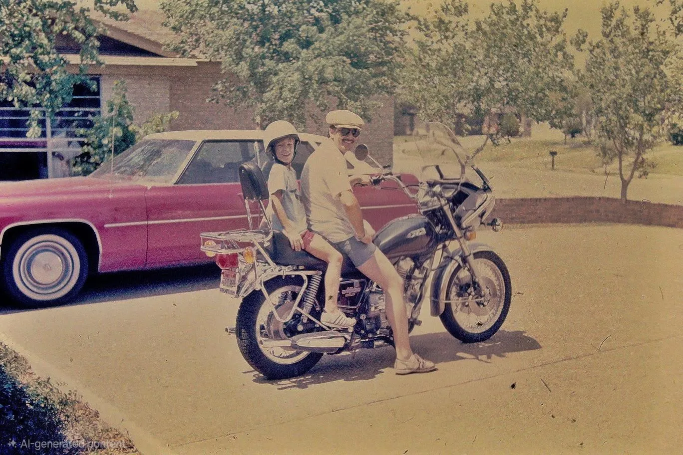 A young boy seated on the back of a Gold Wing touring motorcycle in a suburban driveway.